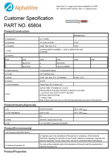 ALPHA-65804 Awg18x 4C 600V UNSHIELDED UL2587 Light-to-Moderate Flex Control 柔性可移動繞曲扭曲式高性能电缆