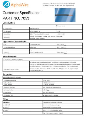 ALPHA-7053 Awg26 PVC, Irradiated 150V MIL-W-16878E TYPE B, UL 1429 電子線產品圖