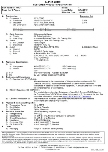 ALPHA-77134 UL21270, UL21915, 600V -50°C to 105°C  mPPE Awg 16 x 3C Alum/Mylar Shield EcoCable™ Cable 鋁箔隔離柔性堅韌 質輕 體積小 可環保回收再利用電纜產品圖
