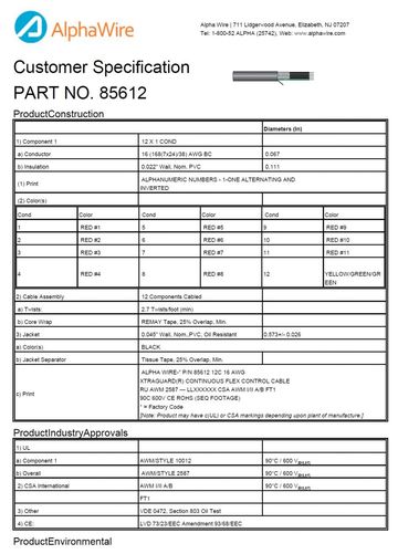 ALPHA-85612 Awg16 x 12C 600V UNSHIELDED UL 10012, UL 2587, VDE 0472 Section 803 Oil Test Continuous Flex Control 持久耐用的柔性电缆