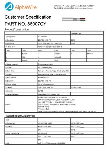ALPHA-86007CY Awg28x7C 300V FOIL/SPIRAL Continuous Flex Data CMG, CSA FT4, UL 10002, UL 2661, UL CM 纏繞隔離柔性資訊傳輸電纜產品圖