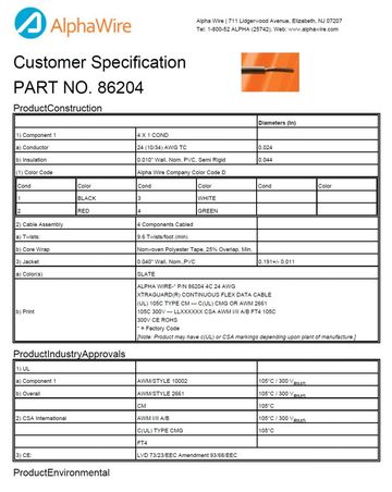 ALPHA-86204 Awg24 x 4C 300V UNSHIELDED CSA CMG, CSA FT4, UL 10002, UL 2661, UL CM Continuous Flex Data 柔性資訊傳輸电缆產品圖