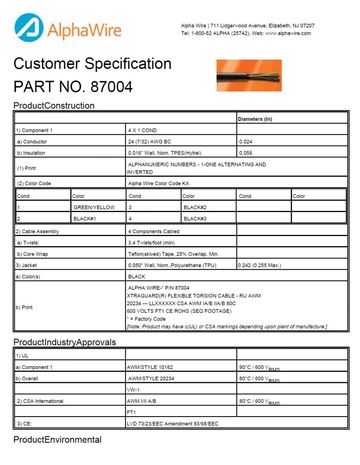 ALPHA-87004 Awg24 x 4C 600V UNSHIELDED Torsional Flex Control UL AWM 10162, UL AWM 20234, UL VW/1 高柔性、高扭曲移動式电缆