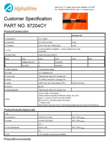 ALPHA-87204CY Awg20x4C 600V SPIRAL Torsional Flex Control UL AWM 10162, UL AWM 20234, UL VW/1 纏繞隔離高柔性、高扭曲連續弯曲電纜產品圖