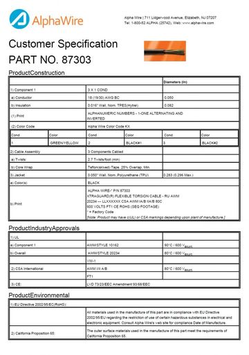 ALPHA-87303 Awg18 x 3C 600V UNSHIELDED Torsional Flex Control UL AWM 10162, UL AWM 20234, UL VW/1 高柔性、高扭曲移動式电缆