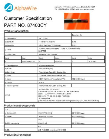 ALPHA-87403CY Awg16x3C 600V SPIRAL Torsional Flex Control UL AWM 10162, UL AWM 20234, UL VW/1 纏繞隔離高柔性、高扭曲連續弯曲電纜