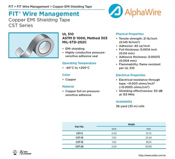 ALPHA-CST Series Copper EMI Shielding Tape -40°C to +205°C 高电导性胶合剂衬背(防電暈電磁波干擾)