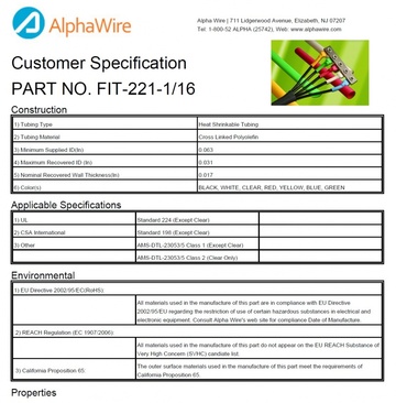 ALPHA-FIT-221-1/16 2:1 XLPO -55 to 135 CA Prop 65, CSA 198, UL 224 General-purpose Heat-Shrink Tubing 通用熱縮管產品圖