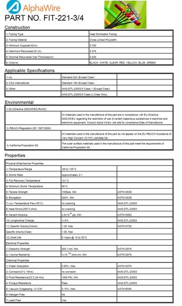 ALPHA-FIT-221-3/4 熱縮管 Shrink Ratio 2:1 XLPO -55 to 135度C產品圖