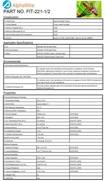 ALPHA-FIT-221-1/2 熱縮管 Shrink Ratio 2:1 XLPO -55 to 135度C產品圖