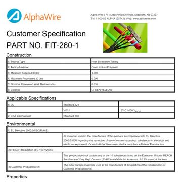 ALPHA-FIT-260-1 2:1 XLPO -55 to 135 CA Prop 65, CSA 198, UL 224, UL VW-1 適合 600 V接地線熱縮管產品圖