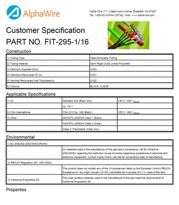 ALPHA-FIT-295-1/16 2:1 SR XLPO -55 to 135 CA Prop 65, CSA 198, RoHS, UL 224, UL VW-1半硬質XLPO熱縮管