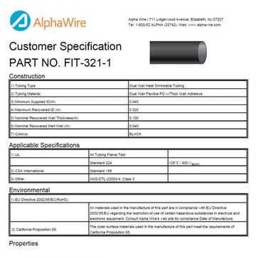 ALPHA-FIT-321-1 3:1 Dual Wall Flexible PO Thk Wall -55 to 125 CA Prop 65, CSA 198, REACH Regulation, RoHS, UL 224 , 表面交聯,双面擠壓熱縮管產品圖