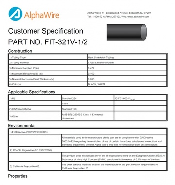 ALPHA-FIT-321V-1/2 3:1 Flexible XLPO -55 to 125 CA Prop 65, CSA 198, REACH Regulation, RoHS, UL 224, UL VW-1 Low shrink temp低收缩温度熱縮管產品圖