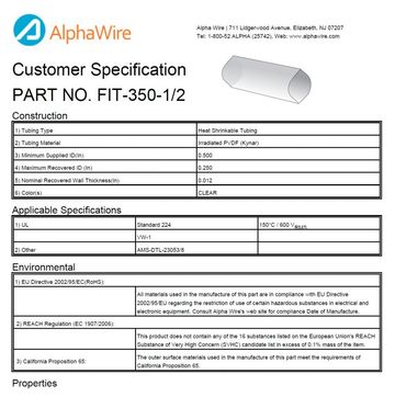 ALPHA-FIT-350-1/2 2:1 IRR PDVF Kynar -55 to 175 Cross-linked PVDF 鐵氟龍耐高溫熱縮管