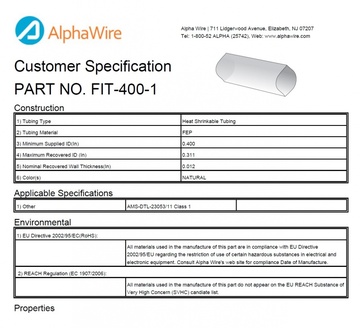 ALPHA-FIT-400-1 1.2:1 FEP -75 to 200 AMS DTL-23053/11 Class 1, CA Prop 65, RoHS 鐵氟龍耐高溫熱縮管產品圖
