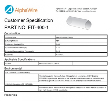 ALPHA-FIT-400-1 1.2:1 FEP -75 to 200 AMS DTL-23053/11 Class 1, CA Prop 65, RoHS 鐵氟龍耐高溫熱縮管