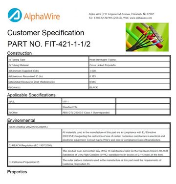 ALPHA-FIT-421-1-1/2 4:1 XLPO -55 to 135 CA Prop 65, RoHS, UL VW-1 General-purpose heat-shrink tubing 通用熱縮管產品圖