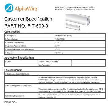 ALPHA-FIT-500-0 1.5:1 PTFE -75 to 260 AMS DTL-23053/12 Class 3, CA Prop 65, RoHS 鐵氟龍耐高溫熱縮管產品圖