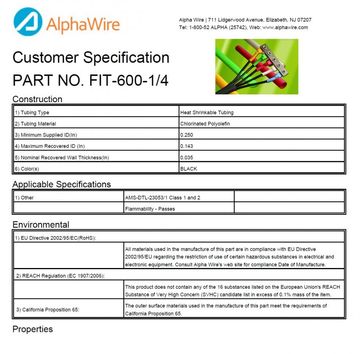 ALPHA-FIT-600-1/4 2:1 Chlorinated PO -75 to 121°C AMS DTL-23053/1 CL 1 and 2, CA Prop 65, RoHS 氯化聚烯烃熱縮管產品圖