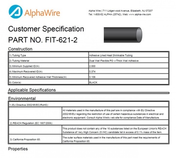 ALPHA-FIT-621-2 6:1 Mod XLPO w/Sealant -55 to 90 CA Prop 65, RoHS 表面交聯,双面擠壓熱縮管產品圖