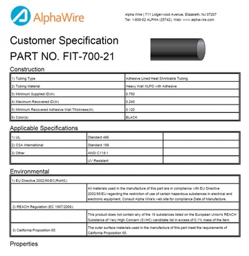 ALPHA-FIT-700-21 3:1 IRR PO w/Thermoplastic Adhesive -55 to 90 CA Prop 65, CSA 22.2, REACH , RoHS, UL 486D 90°C 連續使用時，2KV高電壓熱縮管