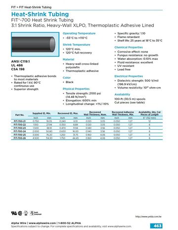 ALPHA- FIT®-700 Heat-Shrink Tubing 3 : 1 Shrink Ratio, UL 486 Heavy-Wall XLPO, Thermoplastic Adhesive Lined熱縮管