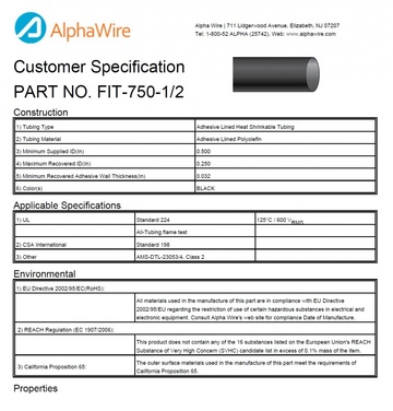 ALPHA-FIT-750-1/2 2:1 Adhesive Lined PO -55 to 110 CA Prop 65, REACH , RoHS, UL 224 永久防水和防腐保護熱縮管產品圖