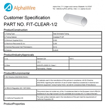 ALPHA-FIT-CLEAR-1/2 2:1 IRR PDVF Kynar -55 to 175 °C CA Prop 65, Class 1, RoHS, UL 224, UL VW-1 氯化聚烯烃熱縮管產品圖