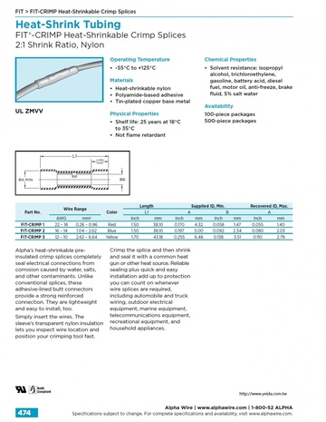 ALPHA- FIT®-CRIMP Heat-Shrinkable Crimp Splices 2:1 Shrink Ratio, Nylon 熱縮管