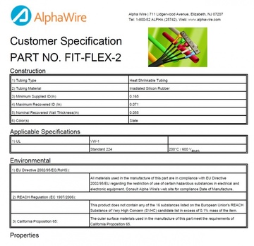 ALPHA-FIT-FLEX-2 1.7:1 IRR Silicon Rubber -50 to 200 °C CA Prop 65, REACH , RoHS, UL 224, UL VW-1 柔性交联矽橡膠熱縮管