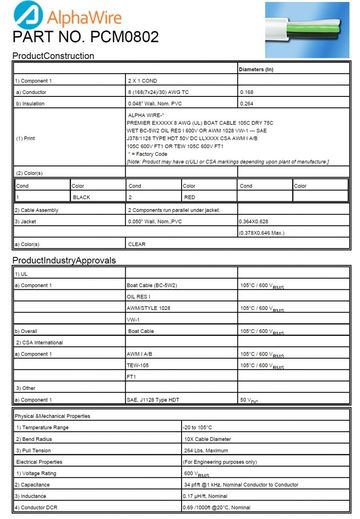 ALPHA-PCM0802 Awg 8x2C 600V 105度C SAE J1128, Type HDT, UL - Boat Cable (BC-5W2), UL 1028, UL OIL RES I, UL VW-1 船舶用電纜