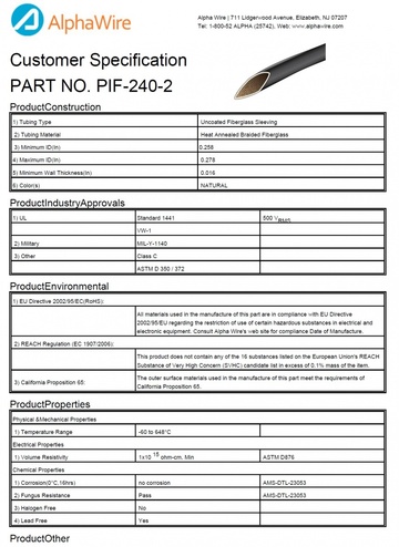 ALPHA-PIF-240-2 -60 to 616 °C Natural Fiberglass Sleeving NEMA VS-1, UL 1441, UL VW-1 耐高溫和机械磨损玻璃纖維套管產品圖