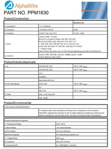 ALPHA-PPM1630 Awg 16 600V 105度C ABYC and Coast Guard Requirments SAE J1128 Type GPT, SAE J378B, UL 1015, UL 1230海岸防護用電線產品圖