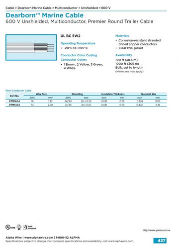 ALPHA- 300 V Unshielded, 4-Conductor Premier Round Trailer Cable (Awg16, 14) 4芯圓形PVC船舶 移動式控制电缆產品圖