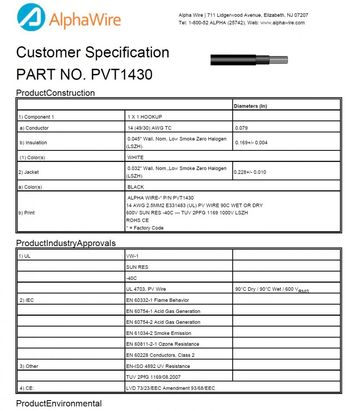 ALPHA-PVT1430 Awg 14 UL 4703 PV Wire/TÜV 2 PFG 1169太陽能用電線