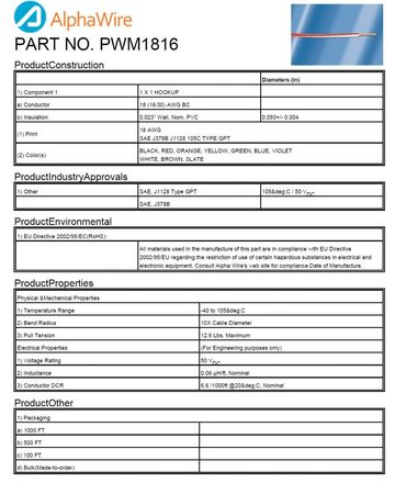 ALPHA-PWM1816 Awg 18 50V -40 to 105度C SAE J1128 Type GPT, SAE J378B 車 船用低壓基本電線產品圖