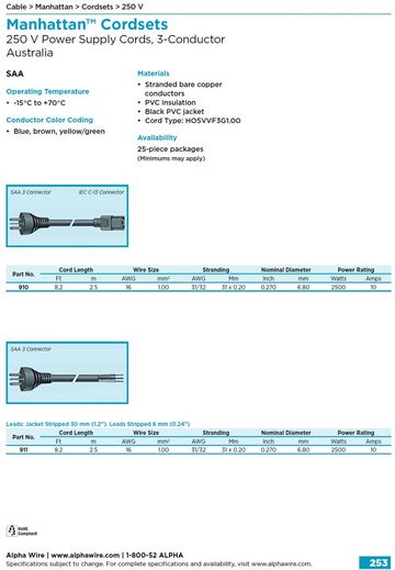ALPHA- SAA Australia 250 V Power Supply Cords, 3-Conductor 澳洲規格電源插頭線