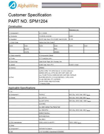 ALPHA SPM1204 Awg12 x 4C PVC/NYLON 1000V ROHS , UL 1277 Type TC-ER, MTW, UL VW/1 Solar Cable PV 耐油抗日照可直埋太陽能光伏電纜產品圖