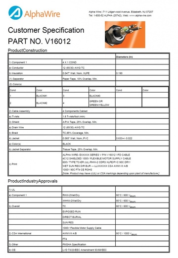 ALPHA-V16012 Awg 12 x 4C 600V FOIL/BRAID Shielding VFD WTTC, UL XHHW-RHW-2Wet/Dry V 系列變頻驅動器電纜