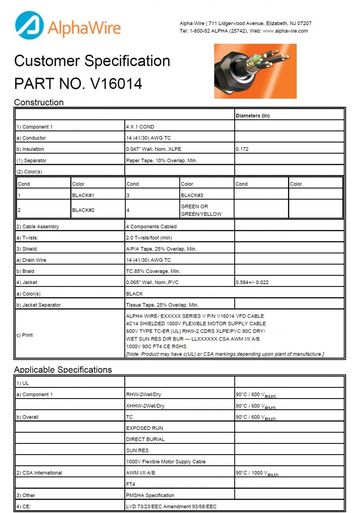 ALPHA-V16014 Awg 14 x 4C 600V FOIL/BRAID Shielding VFD WTTC, UL XHHW-RHW-2Wet/Dry V 系列變頻驅動器電纜產品圖