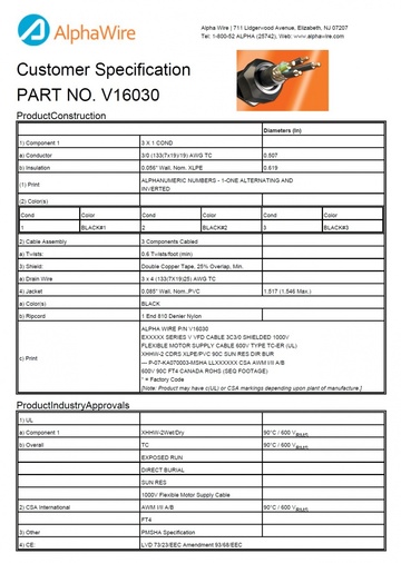 ALPHA-V16030 Awg 3/0 x 3C 600V Double Copper Tape Shielding VFD SUN RES, UL TC, XHHW-2Wet/Dry V 系列變頻驅動器電纜產品圖