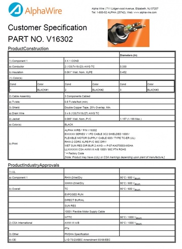 ALPHA-V16302 Awg 2 x 3C 600V Double Copper Tape Shielding VFD SUN RES, UL TC, RHW-XHHW-2Wet/Dry V 系列變頻驅動器電纜產品圖