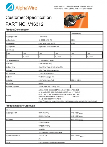 ALPHA-V16312 Awg 8 x 3C 600V FOIL/BRAID Shielding VFD SUN RES, UL TC, RHW-XHHW-2Wet/Dry V 系列變頻驅動器電纜產品圖