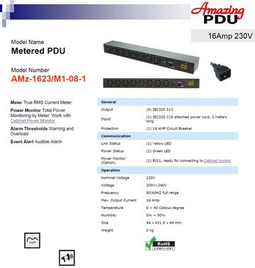 DGP-AMz-1623/M1-08-1 Metered PDU 16Amp 230V (Power Distribution Unit)智慧型電源分配器(具有數位型負載顯示器)