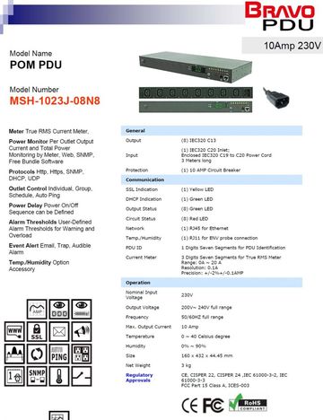 DGP-MSH-1023J-08N8 POM PDU 10Amp 230V 8孔排插智慧型電源監控器-支援近端與遠端監控整組排插的電力消耗.