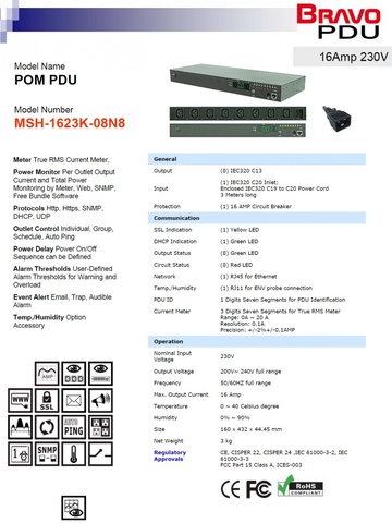 DGP-MSH-1623K-08N8 POM PDU 16Amp 230V 8孔排插智慧型電源監控器-可支援近端與遠端監控整組排插的電力消耗.產品圖