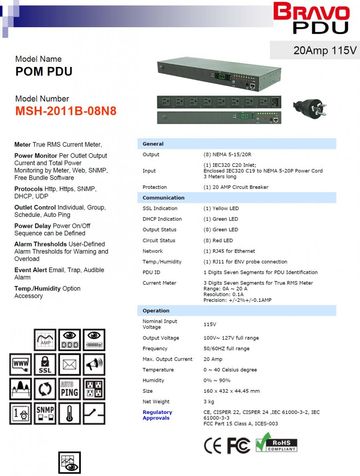 DGP-MSH-2011B-08N8 POM PDU 20Amp 115V 8孔排插智慧型電源監控器-支援近端與遠端監控整組排插的電力消耗.