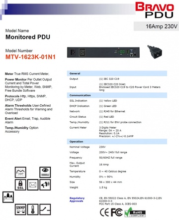DGP-MTV-1623K-01N1 Monitored PDU 16Amp 230V 1孔排插智慧型遠端電源監控器-數位型 可透過SNMP網路遠端監看排插負載功能產品圖