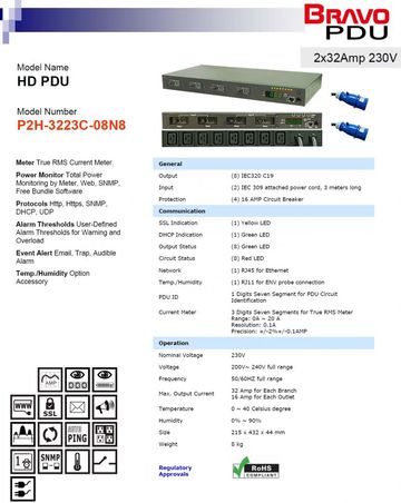 DGP-P2H-3223C-08N8 HD PDU 2x32Amp 230V 8孔排插智慧型電源分配器(雙輸入電源)產品圖